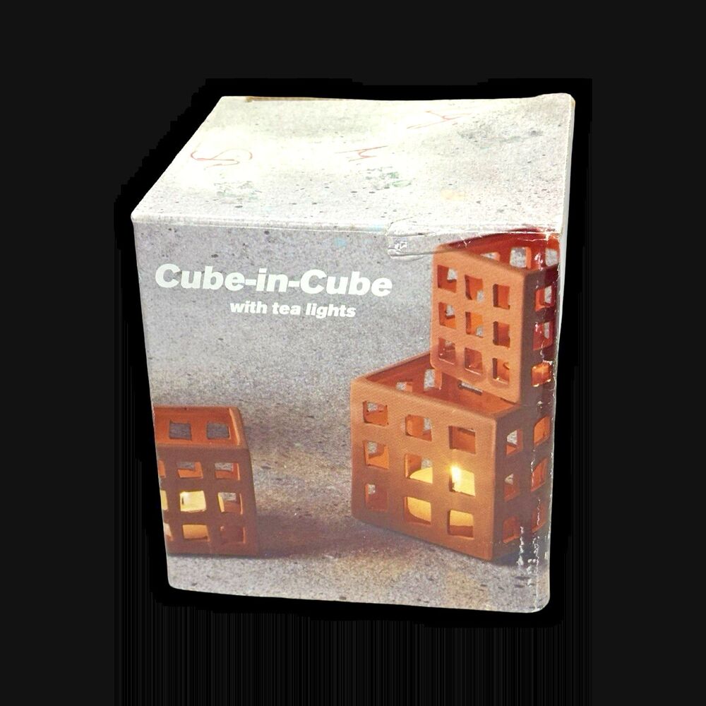 Vintage Cube-in-Cube Terracotta Candle Holders Set of 3 with Tea Lights - NOS